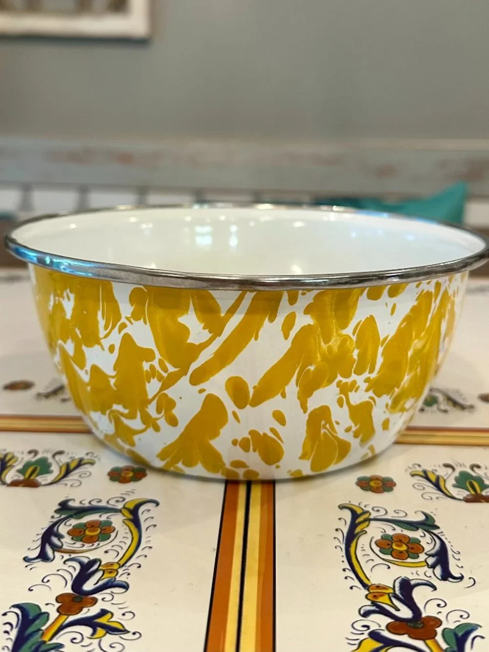vintage yellow enamelware bowl